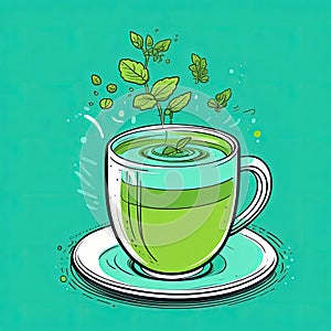 Illustration of cup of green tea with green leaf on top of it Isolated on green background,showcasing serene moment of