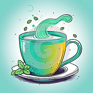 Illustration of cup of green tea with green leaf on top of it Isolated on green background,showcasing serene moment of