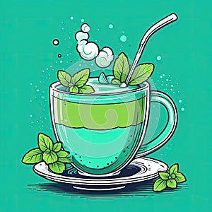 Illustration of cup of green tea with green leaf on top of it Isolated on green background,showcasing serene moment of