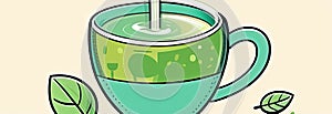 Illustration of cup of green tea with green leaf on top of it Isolated on green background,showcasing serene moment of