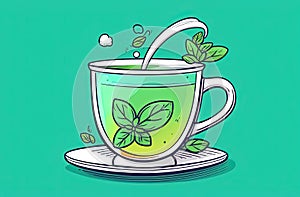 Illustration of cup of green tea with green leaf on top of it Isolated on green background,showcasing serene moment of