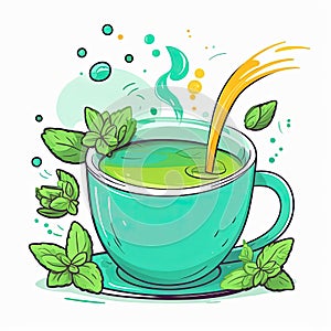 Illustration of cup of green tea with green leaf on top of it Isolated on white background,showcasing serene moment of