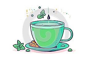 Illustration of cup of green tea with green leaf on top of it Isolated on white background,showcasing serene moment of