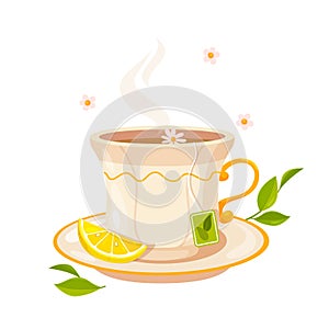 Illustration of a cup of green tea with a lemon slice and chamomile