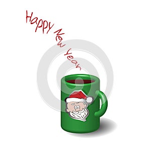 Illustration with a cup of hot drink and hand drawn Santa Claus sticker and steam of Happy New Year