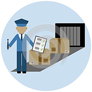 Illustration, customs, customs officer and baggage check and clearance. Clip art, poster