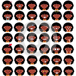 Illustration of cute African American girl faces showing different emotions. Joy, sadness, anger, talking, funny, fear, smile.