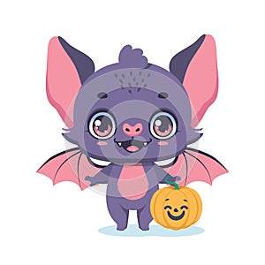 Illustration of a cute bat with a carved Halloween pumpkin