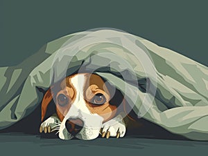 illustration of a cute beagle dog hiding under a blanket. Generative AI