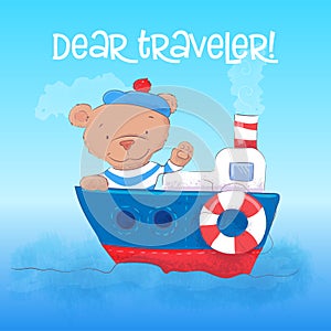 Illustration of a cute bear sailor youngs on a steamship. Hand draw