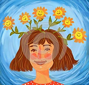 Illustration of a cute beautiful girl or woman that fosters good thoughts and positive thinking. psychological health