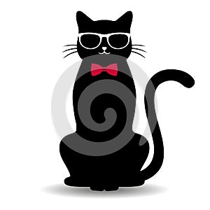 Illustration of a cute black cat in glasses with a bow tie and a shadow