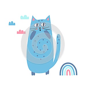 Illustration of a cute blue surprised cat with clouds and a rainbow in the Scandinavian style photo