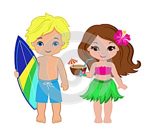 Illustration of cute boy with surfboard and Hawaiian girl with cocktail.