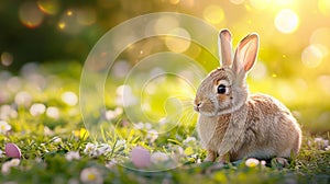 illustration of a cute brown bunny with colored easter eggs and blurred Easter background with copyspace