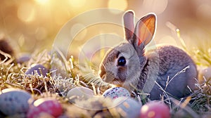 illustration of a cute bunny with colored easter eggs and blurred background for Easter, copyspace