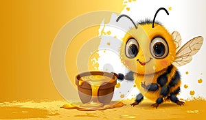 Illustration of a cute cartoon bee with a jar of honey on a yellow background with copy space.