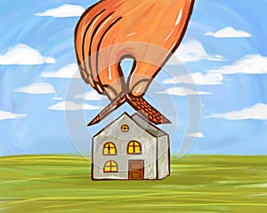 Illustration of a cute cartoon cute light house and a hand that lays down the roof. House completion, mortgage, creation of your