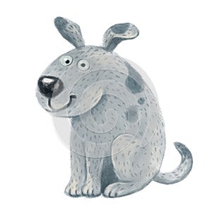 Illustration of a cute cartoon funny gray dog sitting and looking at the camera. Comic smiling dog with spots