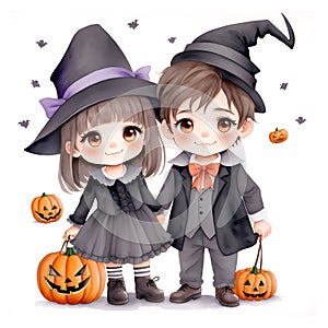 Illustration of cute cartoon halloween boy wizard and girl witch costume with pumpkins , bat isolated on white background. child