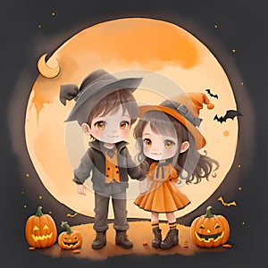Illustration of cute cartoon halloween boy wizard and girl witch costume with pumpkins , bat isolated on white background. child