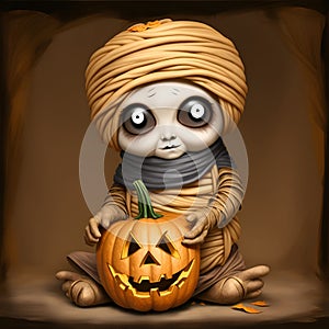 Illustration of cute cartoon Halloween, Cute mummy with pumpkins isolated on dark brown background. Cute cartoon Ghost Halloween.