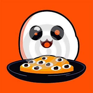 Illustration of cute cartoon kawaii pizza character on orange background generative AI