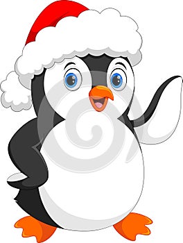 Illustration of Cute cartoon penguin waving with Santa hat