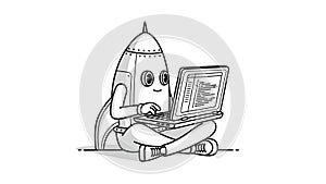 Rocket Programmer, Cartoon Character Coding on Laptop