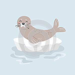 Illustration of cute cartoon seal on ice floe. Arctic animals. For card, poster, print.