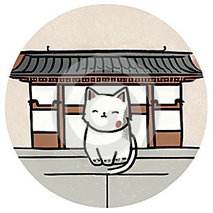 Illustration of a cute cat in front of a traditional Japanese house Generative AI