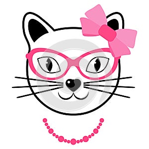 Illustration of a cute cat with glasses and a pink bow