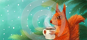 Illustration of cute christmas winter poster, banner. Red-haired cartoon squirrel with a mug of bitter tea or coffee on the photo