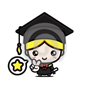 A cute and clever boy cartoon character becomes a scholar wearing a scholar costume
