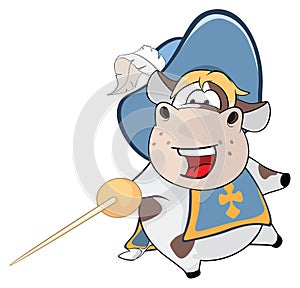 Illustration of a Cute Cow. King's Musketeer. Cartoon Character
