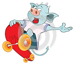 Illustration of Cute Devil Skateboarding Cartoon