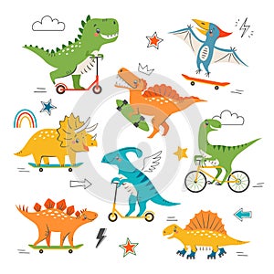 Illustration of cute dinosaurs riding skateboard, scooter and bicycle