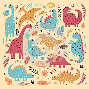 Illustration of cute dinosaurs with tropical leaves. Hand drawn vector pattern. Cute dino design for kids