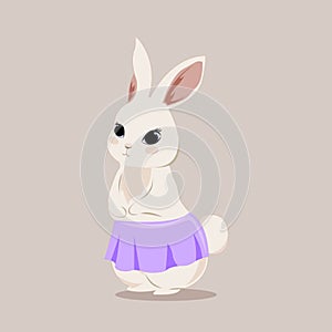 Illustration of a cute easter bunny in a lilac skirt.