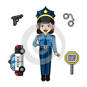 Cute female police officer with equipment set