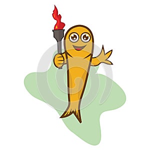 Illustration of cute fish cartoon with a torch.