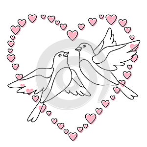 Illustration of cute flying birds and hearts. Image of birdies in simple style.