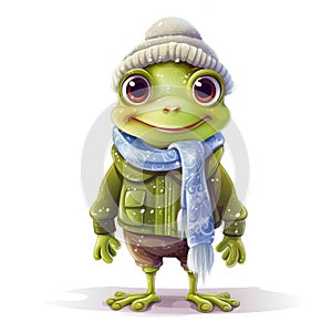 Illustration of a cute frog wearing a knitted hat, scarf on a white background.