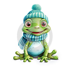 Illustration of a cute frog wearing a knitted hat, scarf on a white background.