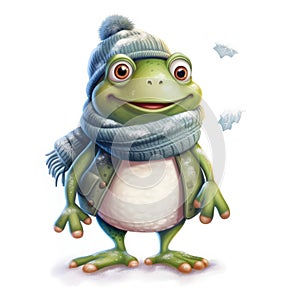 Illustration of a cute frog wearing a knitted hat, scarf on a white background.