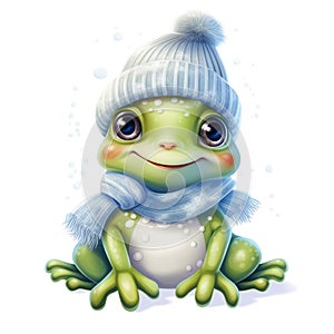 Illustration of a cute frog wearing a knitted hat, scarf on a white background.