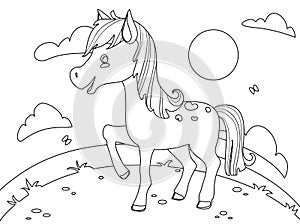 Illustration of a cute funny horse vector coloring page contour clipart