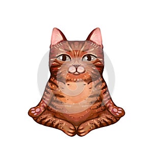 Illustration of a cute ginger tabby cat in the lotus position, in meditation, or yoga exercises