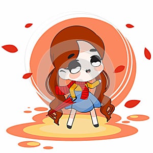 Illustration of Cute Girl Character or Chibi in Autumn Seasons at Couple Set