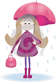 Illustration with cute girl rain umbrella rainy day